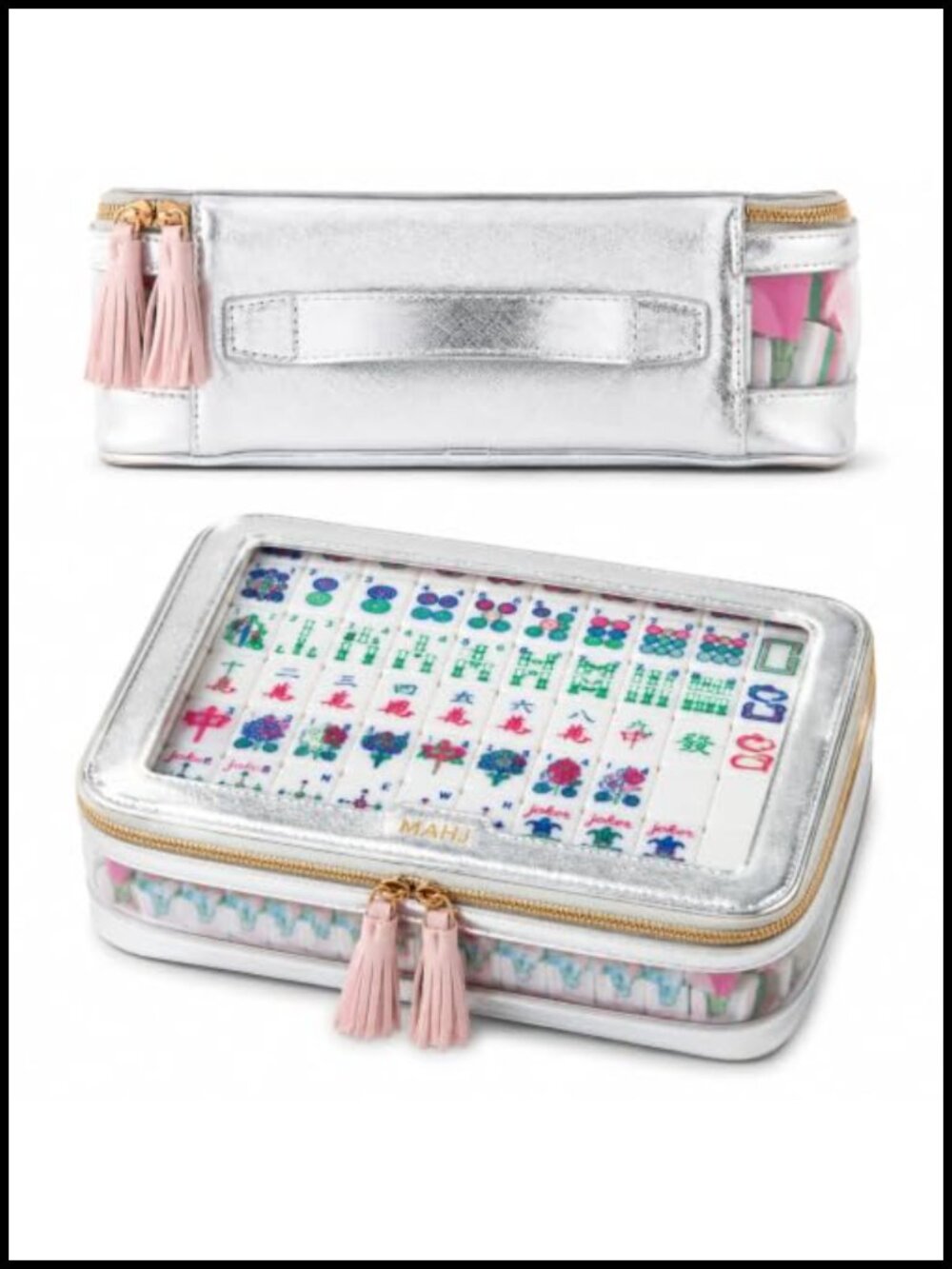 Mahjong Tile Storage Bag with Zipper, Clear PVC Top, Faux Leather Bottom,